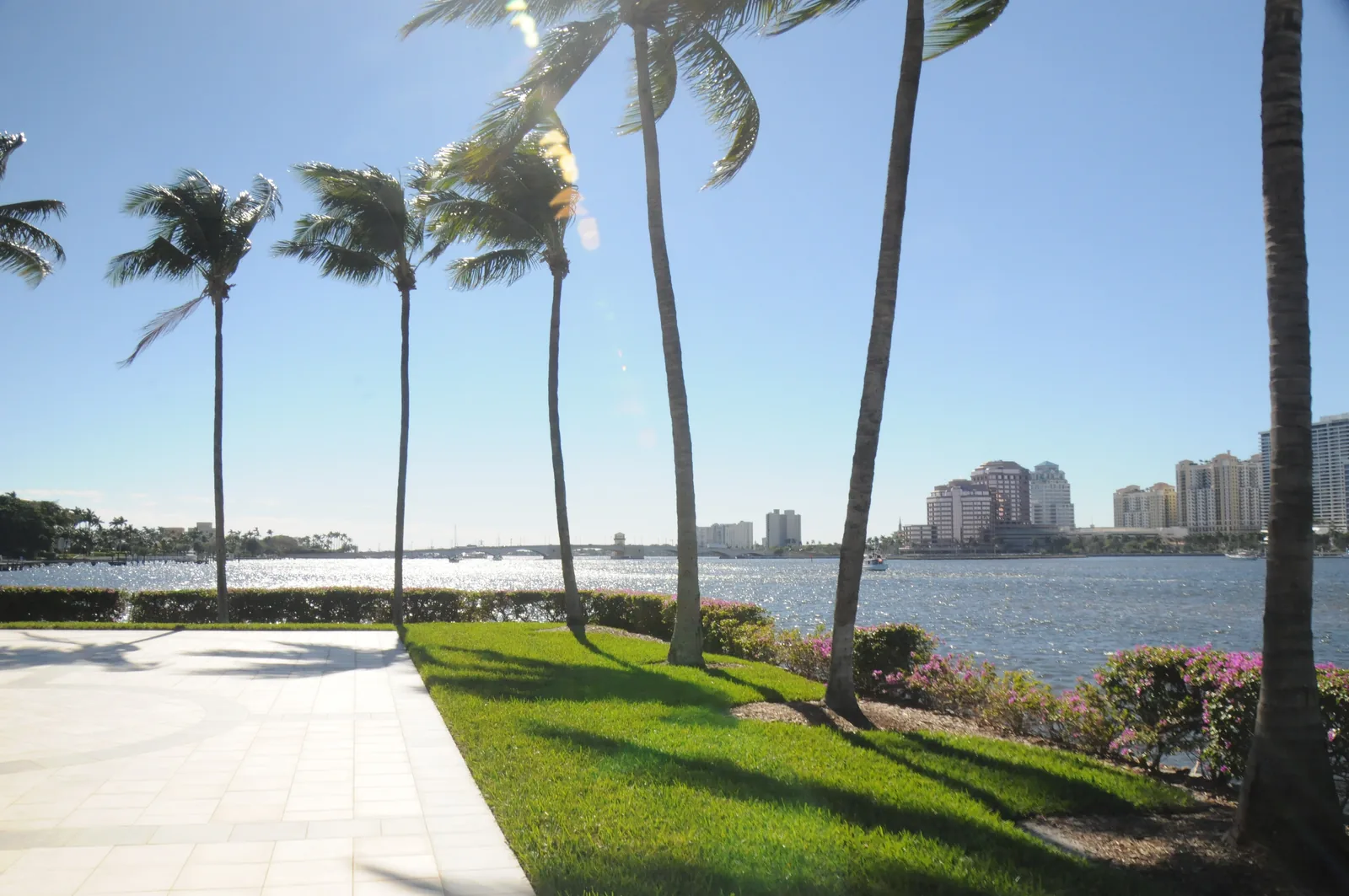 Palms and a lawn on the shore of the Lake Worth Lagoon in West Palm Beach, with Palm Beach across the water.