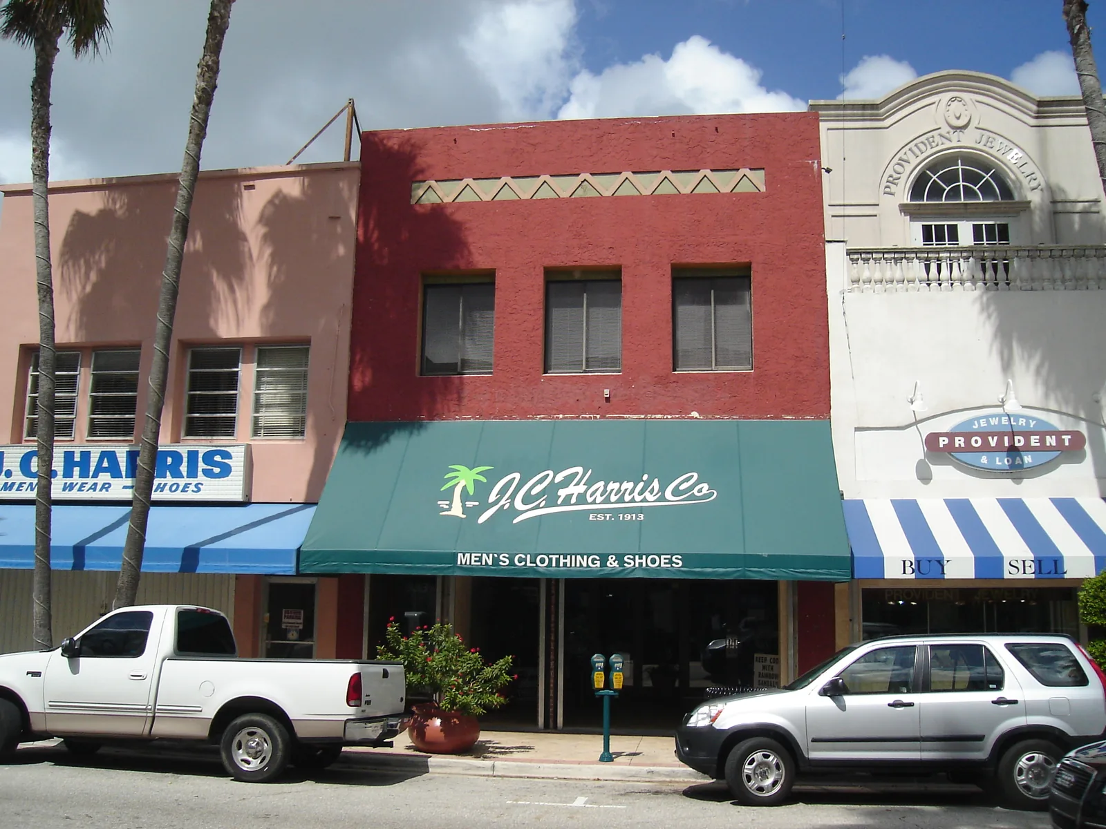 Storefronts on Clematis Street, including J.C. Harris Co., in downtown West Palm Beach.