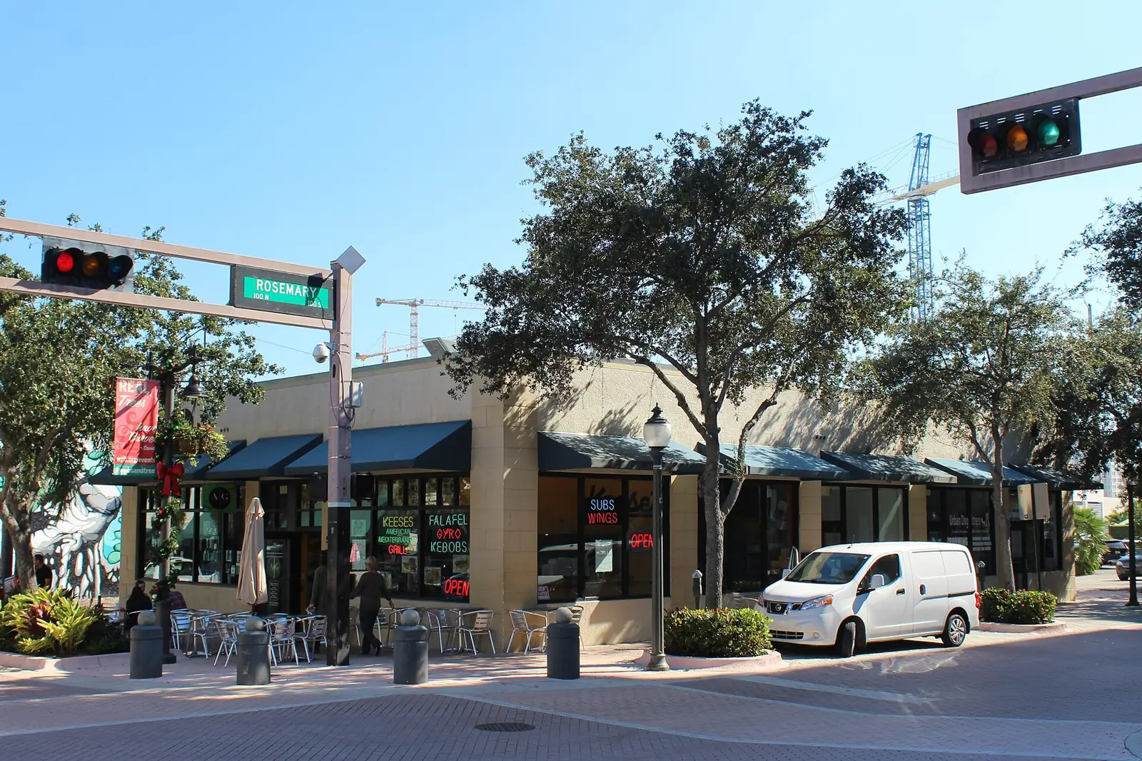 Storefronts at Clematis Street and Rosemary Avenue in downtown West Palm Beach, the center of the city's fall events.
