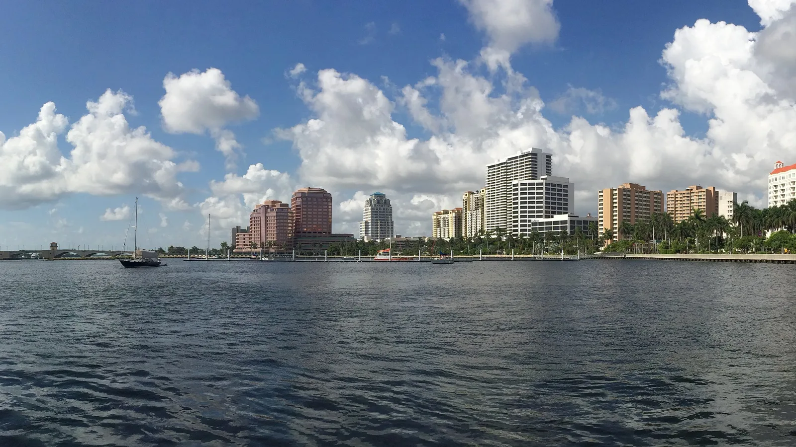 The downtown West Palm Beach waterfront along Flagler Drive, home of the Saturday GreenMarket, seen from the Intracoastal Waterway.