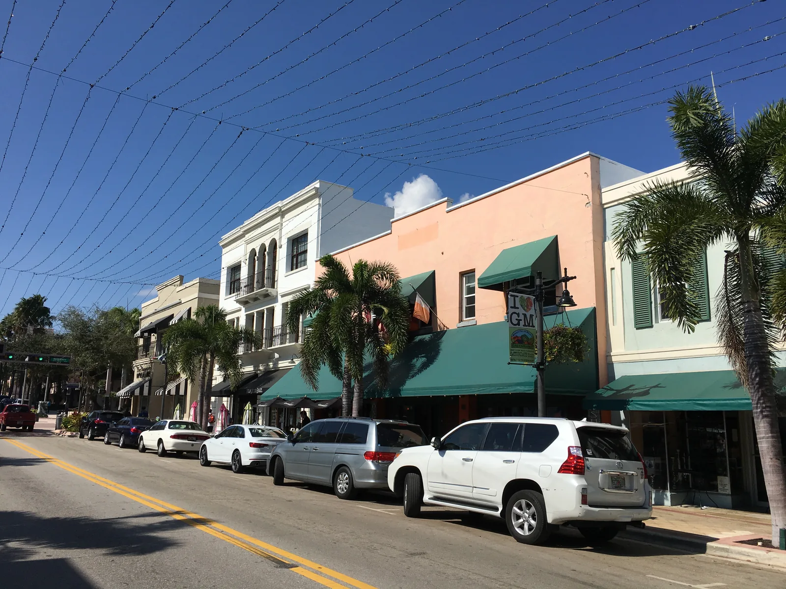Shops and restaurants along Clematis Street in downtown West Palm Beach, where several Halloween parties and bar crawls are held.