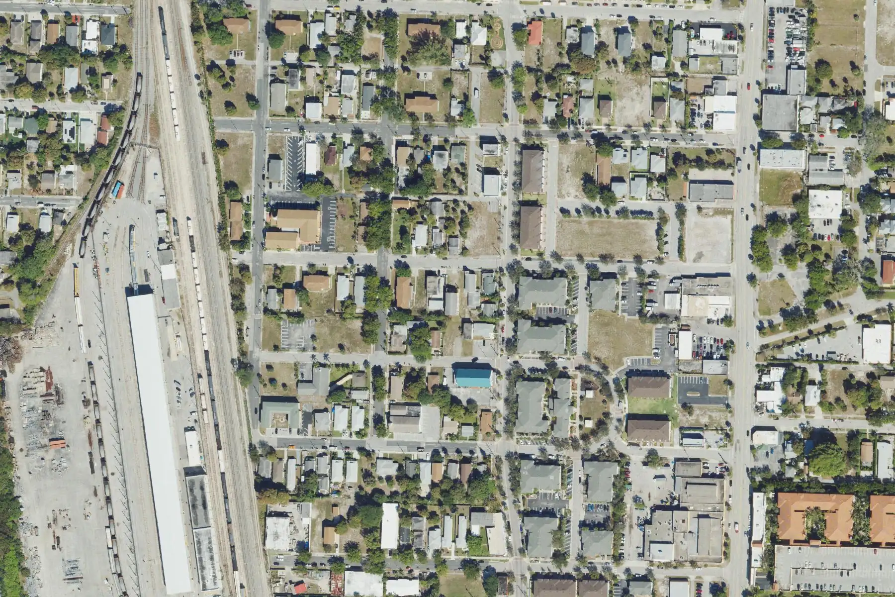 Pleasant City's grid of streets from above, with the railroad yard along its west side, in West Palm Beach.