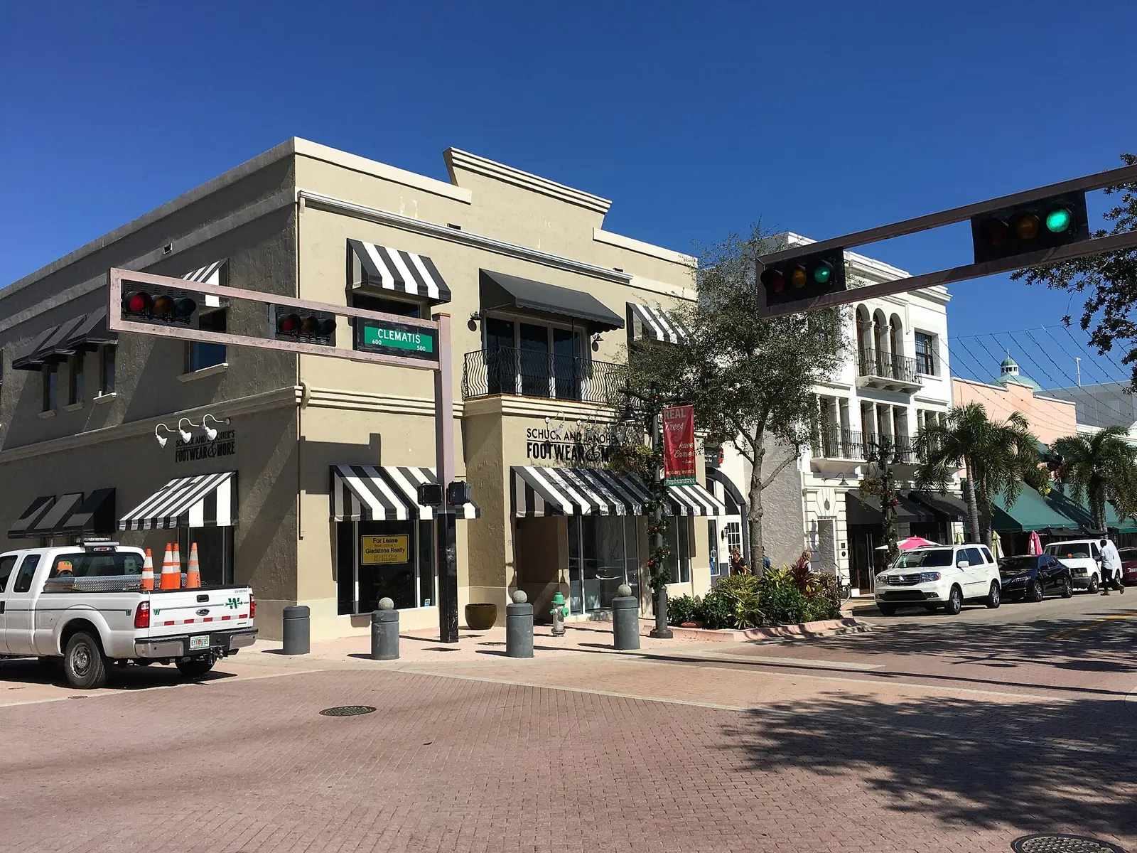 Storefronts where the 500 and 600 blocks of Clematis Street meet, in the Clematis Street Historic Commercial District downtown.