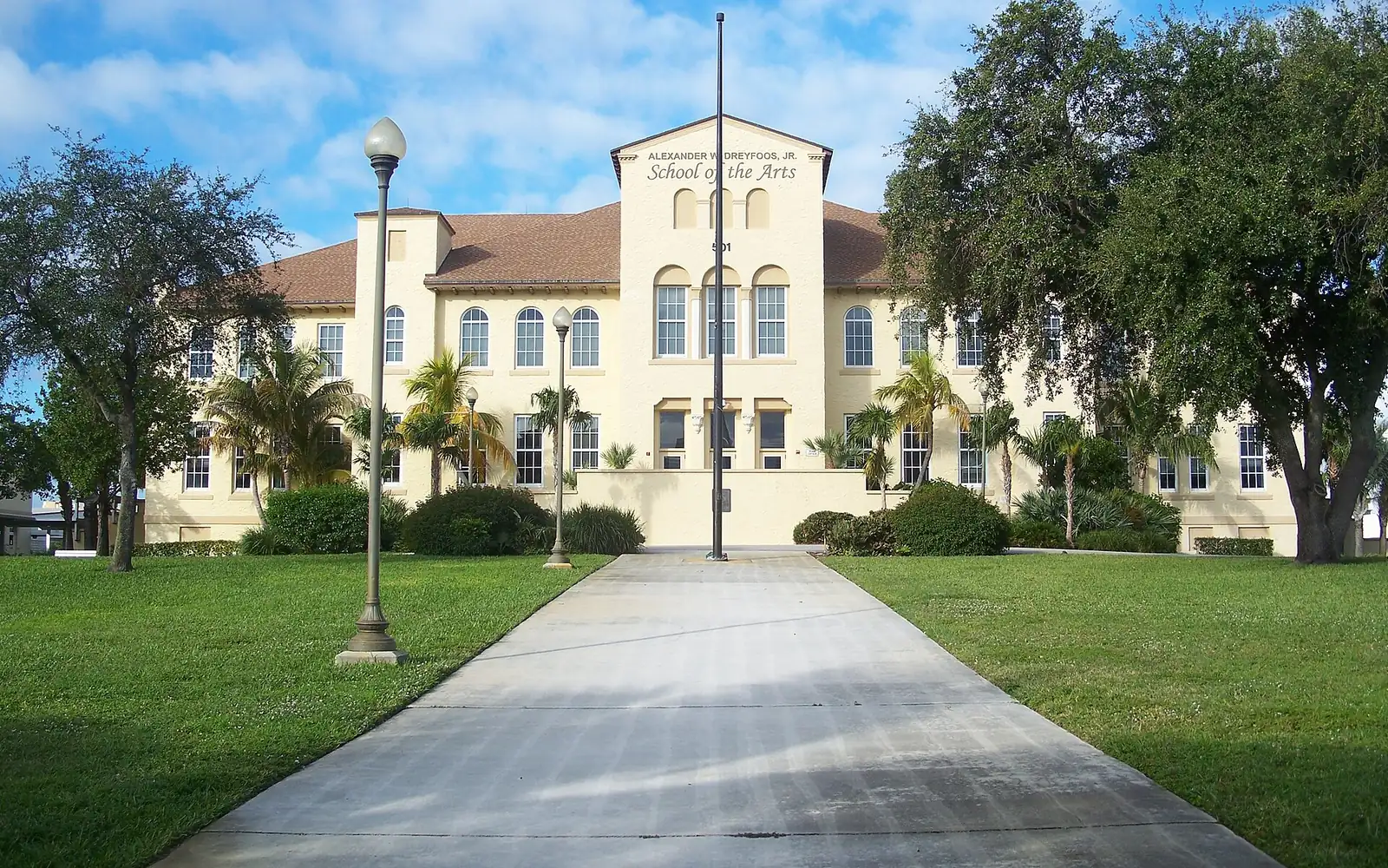 The main building of the Dreyfoos School of the Arts, a restored Palm Beach High School building, on its downtown West Palm Beach campus