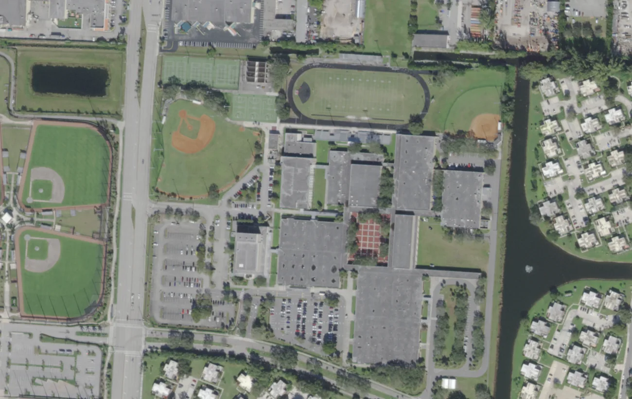 Palm Beach Lakes Community High's campus and athletic fields on Shiloh Drive in West Palm Beach, seen from the air