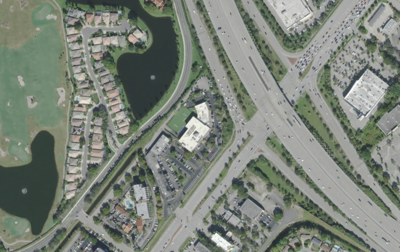 Renaissance Charter School at West Palm Beach's campus by the I-95 interchange on Palm Beach Lakes Boulevard, seen from the air