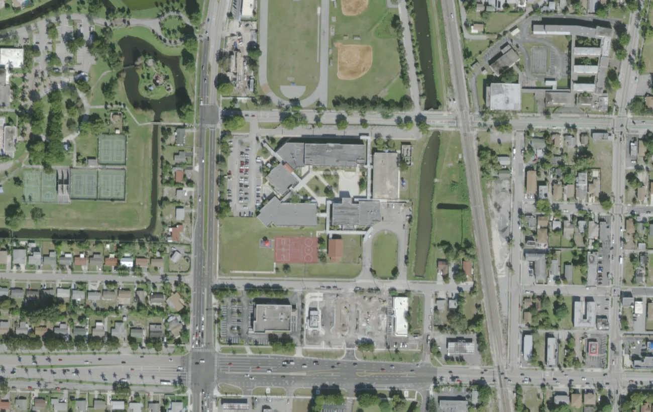 Roosevelt Elementary's campus on 15th Street north of downtown West Palm Beach, seen from the air
