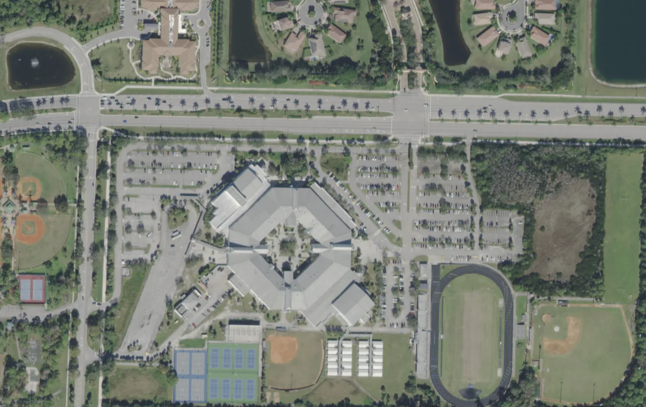 Royal Palm Beach Community High's campus and fields on Okeechobee Boulevard in Royal Palm Beach, seen from the air