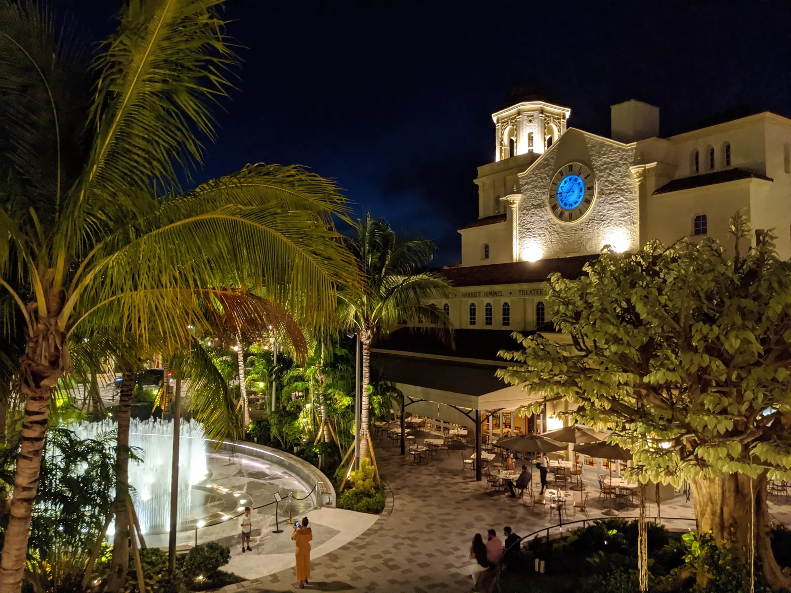 CityPlace at night, with its lit fountain and old church building, on Rosemary Avenue in West Palm Beach.